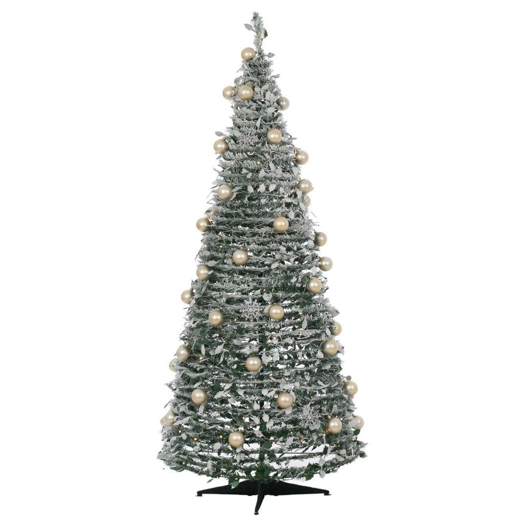 pop up christmas tree decorated with gold baubles, silver snowflakes and snow flocked holly leaves