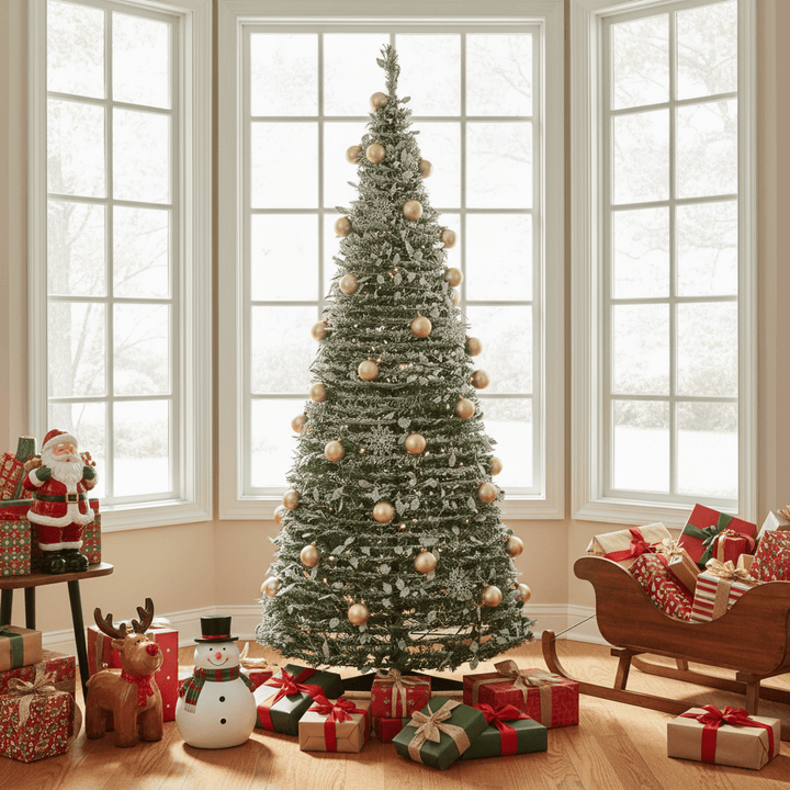 pop up Christmas tree decorated with gold baubles, silver snowflakes and snow flocked holly leaves in a Large Bay Window with Ornaments