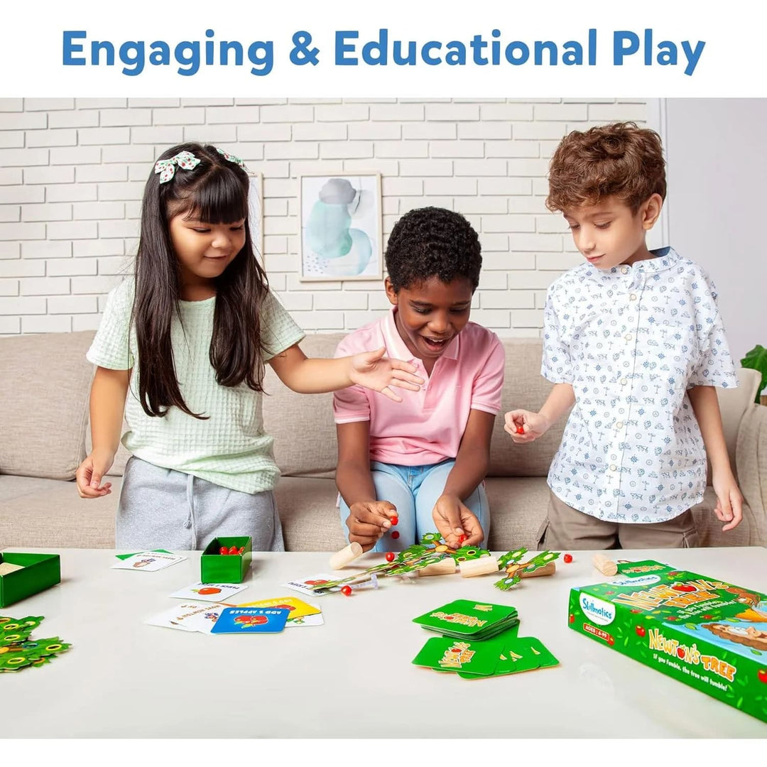 Three children playing with Newton's Tree game on a table, with text 'Engaging & Educational Play' above.