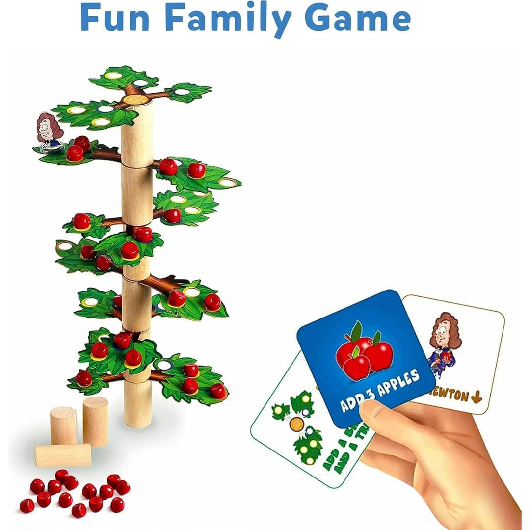 Newton's Tree game with wooden apple tree, game cards and apples on a white background