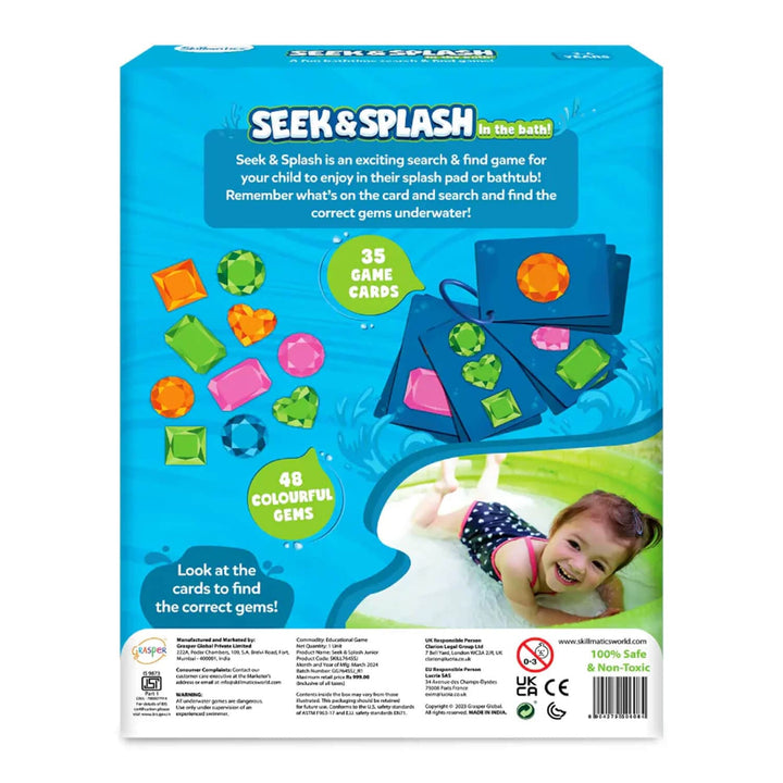 Back of the pack of Seek & Splash game for the bath or paddling pool