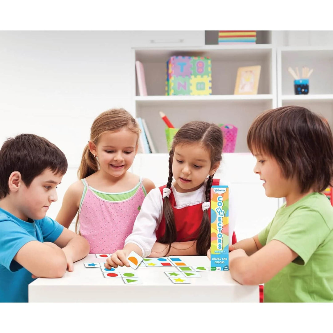 4 children playing a game of Connectors shapes and colours