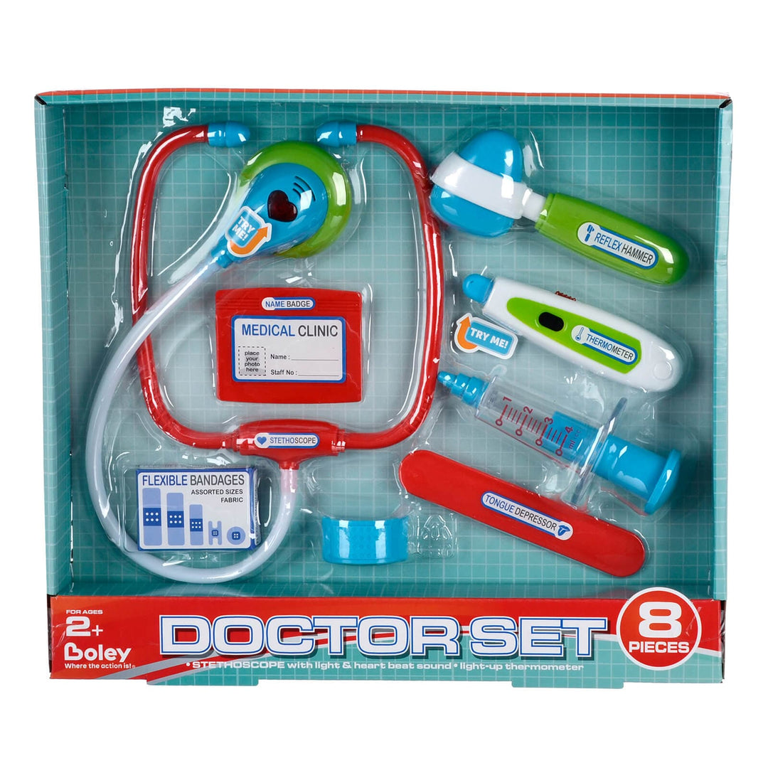 Kids doctor set with 8 pieces including a stethoscope and thermometer that lights up