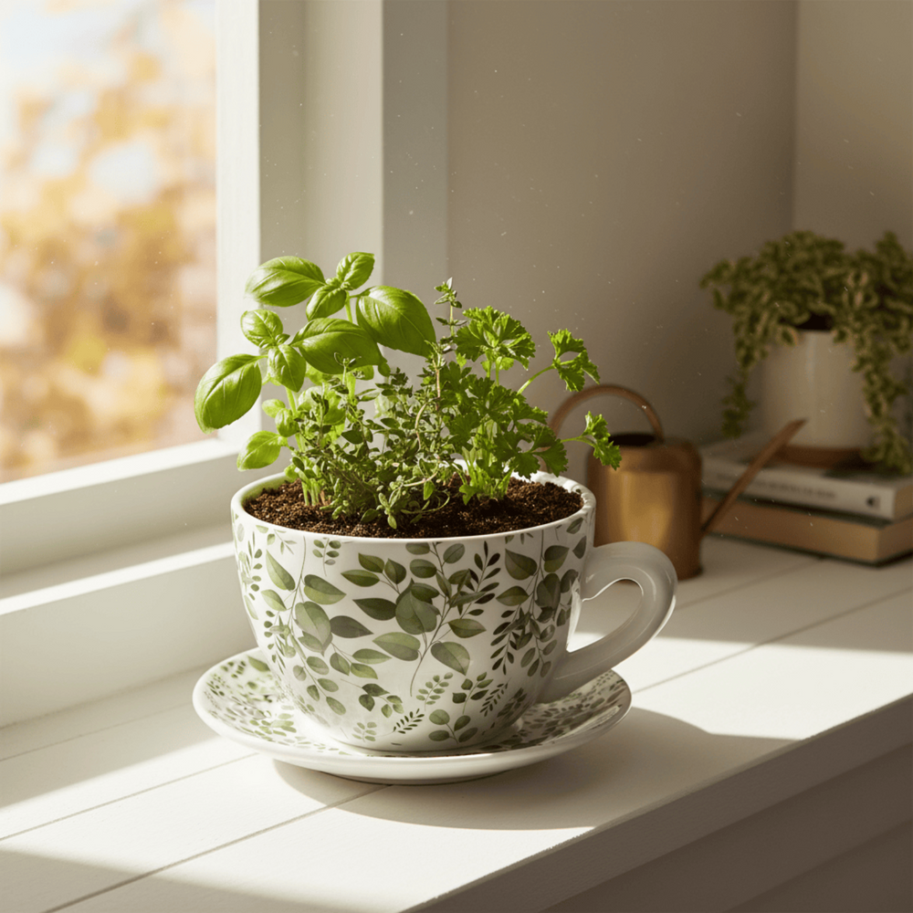 Herb plant in a decorative teacup on a windowsill