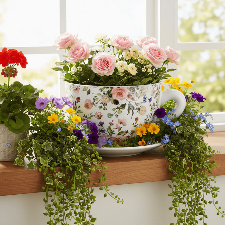 Decorative floral arrangement in a teacup on a windowsill with other plants.