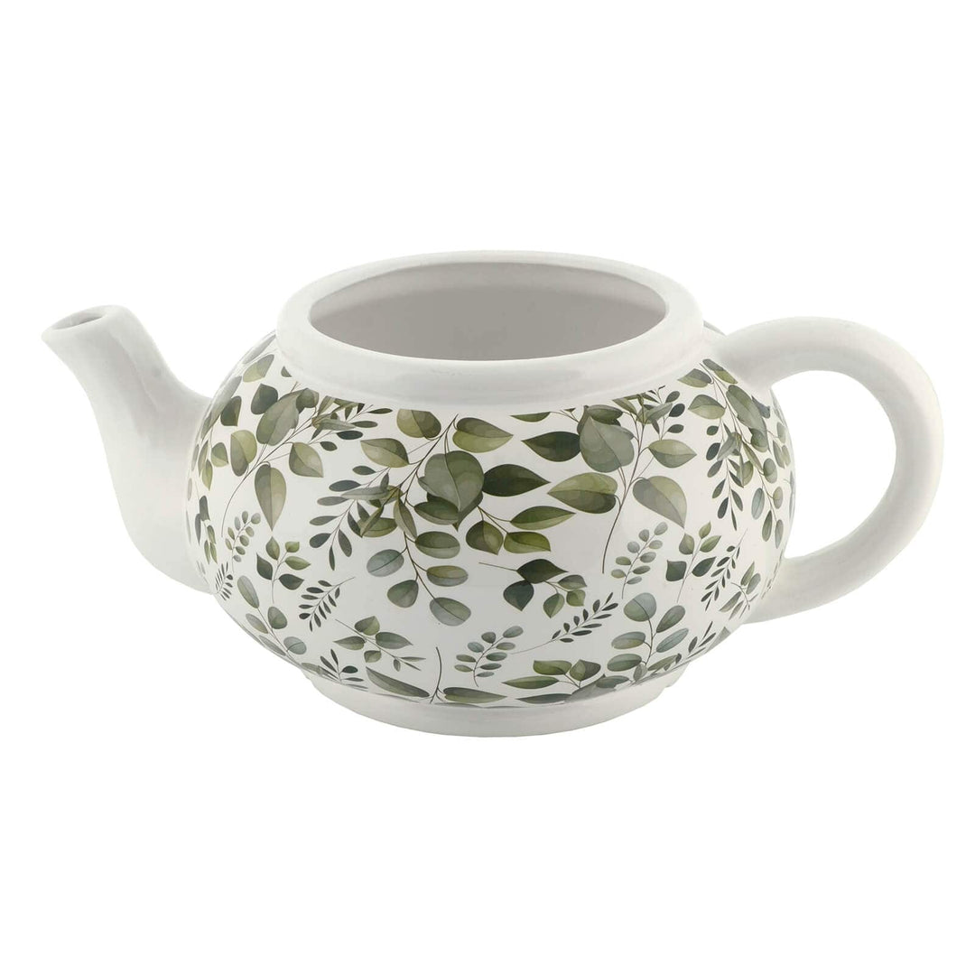 White teapot planter with eucalyptus leaf pattern