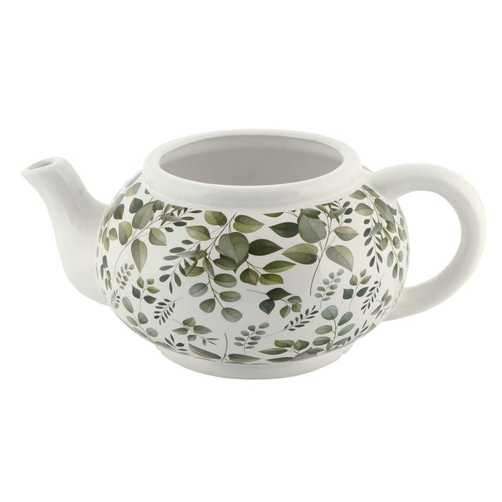 White teapot planter with eucalyptus leaf pattern