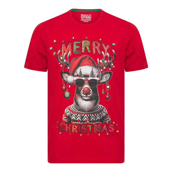 Red t-shirt with a Merry Christmas slogan reindeer design on a white background