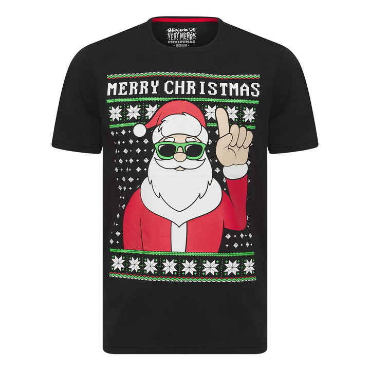 Black t-shirt with a graphic of Santa Claus and &