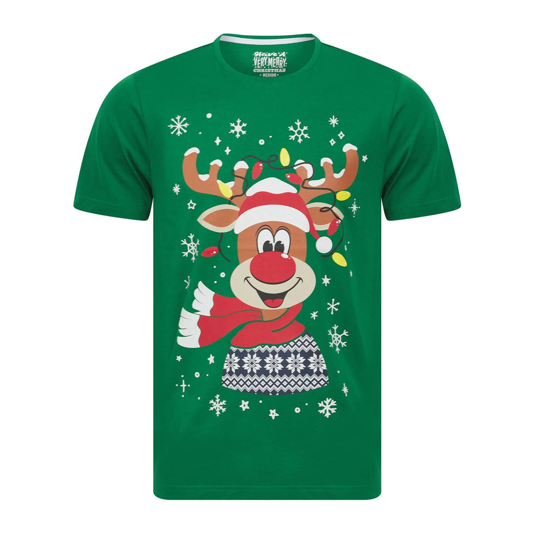 Green t-shirt with a reindeer design on a white background