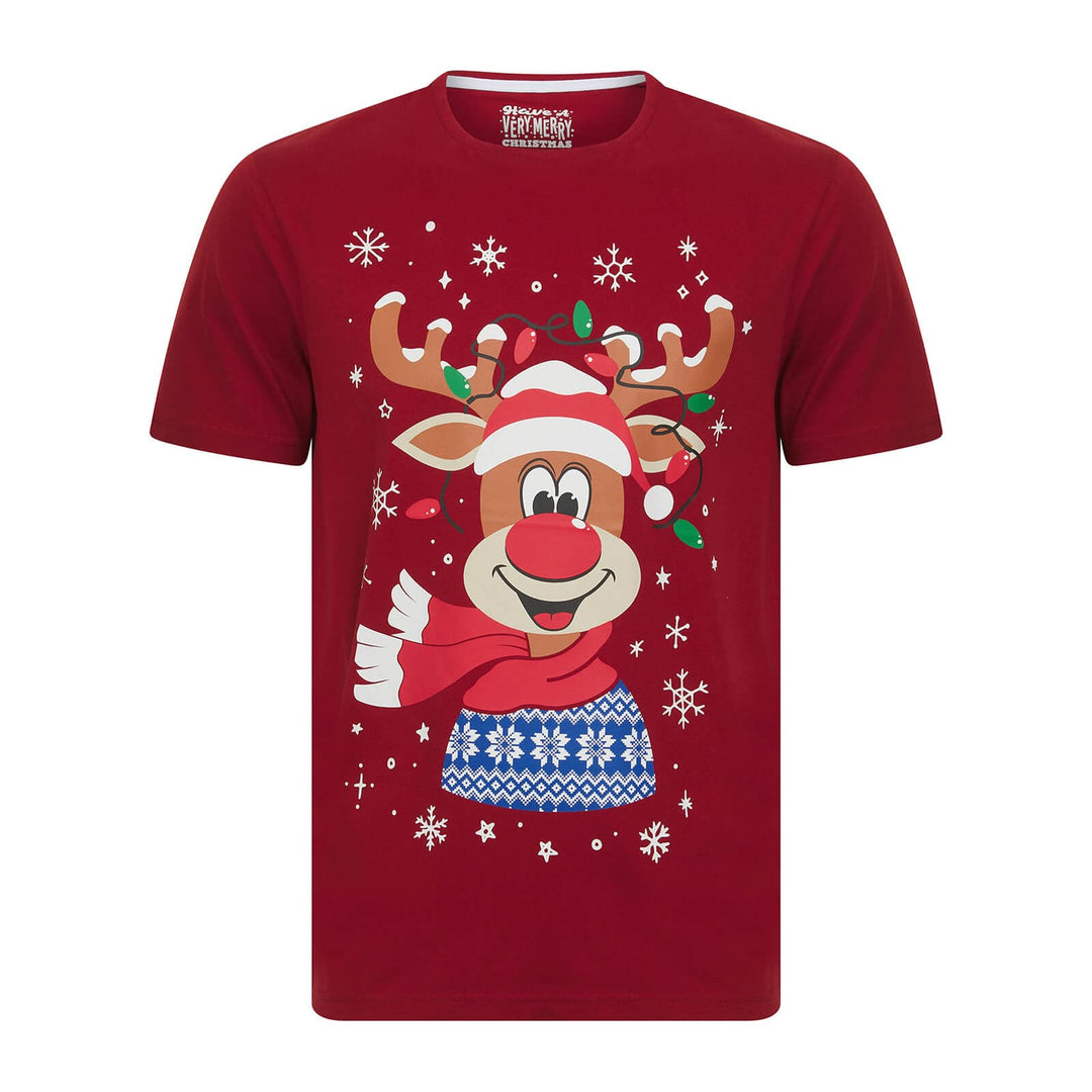 Red t-shirt with a reindeer design on a white background