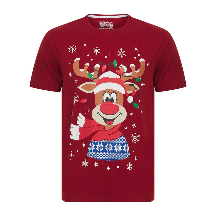Red t-shirt with a reindeer design on a white background