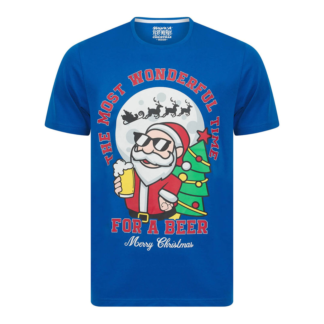 Blue Christmas t-shirt with Santa having a beer graphic and text on a white background
