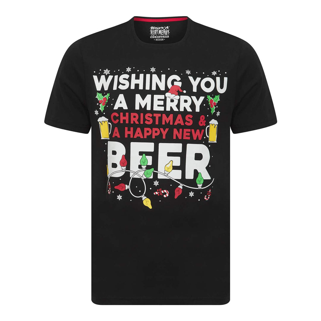 Black Christmas t-shirt with Happy New Beer and graphics on a white background