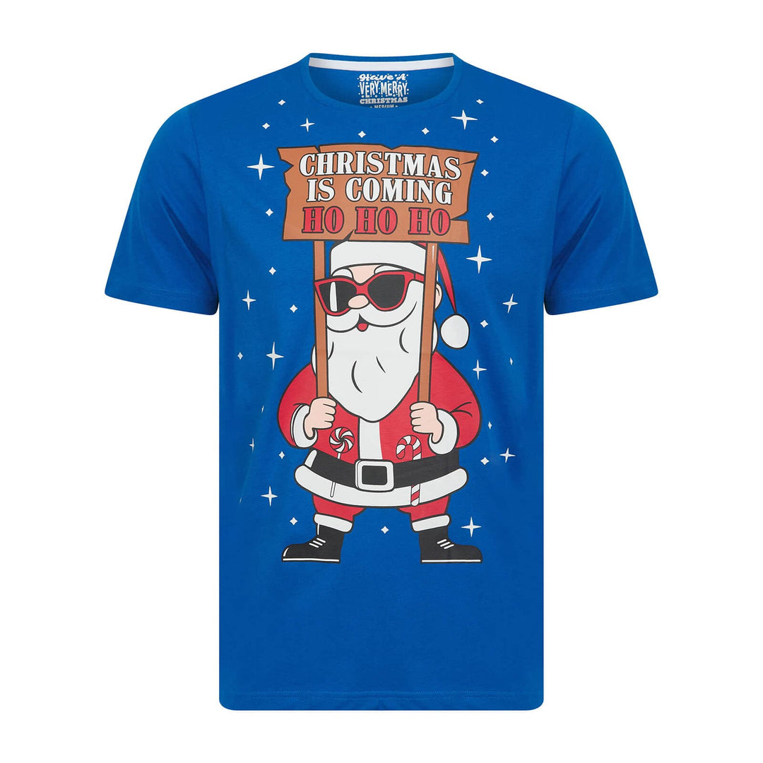 Blue t-shirt with a cartoon Santa Claus holding a sign that says 'Christmas is Coming Ho Ho Ho' on a white background.