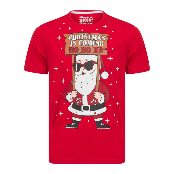 Red t-shirt with a cartoon Santa Claus holding a sign that says &