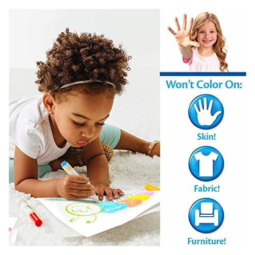 Child coloring with crayons on a white surface, alongside a promotional graphic about water-based markers that won&
