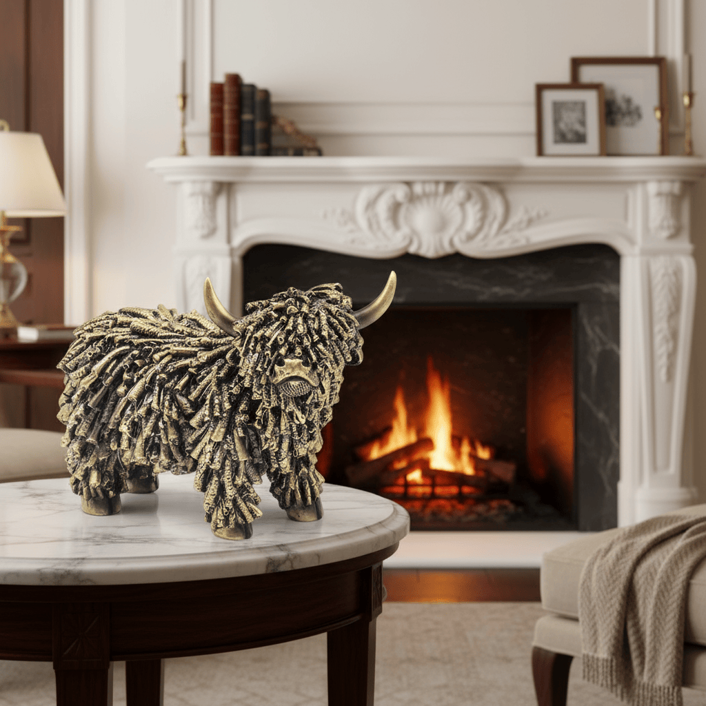 Bronze sculpture of a bull on a marble table in front of a fireplace.