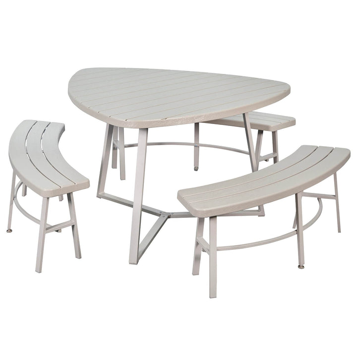 Beige outdoor picnic set with a triangular shape table and curved benches on a white background