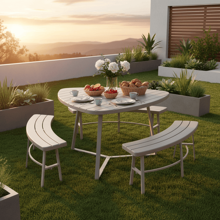 Outdoor patio set with table, chairs, and a sunset view