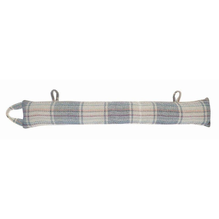 draught excluder with check pattern and subtle blue colour on white background