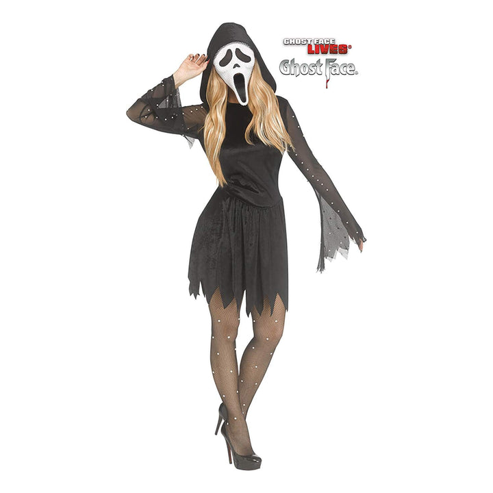 Woman wearing a black hooded dress with jagged hems and white pearl Ghost Face mask for Halloween