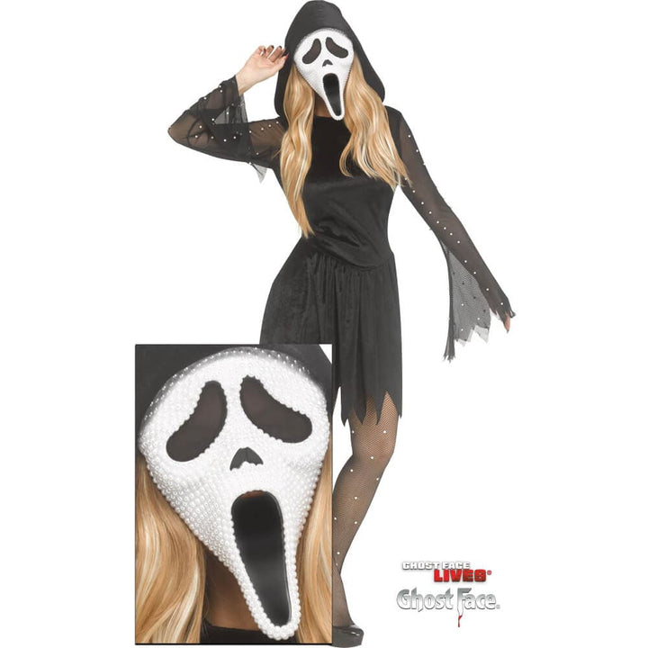 Woman in Ghost Face Lives costume with pearl bling mask