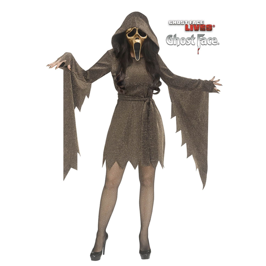 Person wearing a gold glitter Ghost Face hooded dress with gold metallic mask