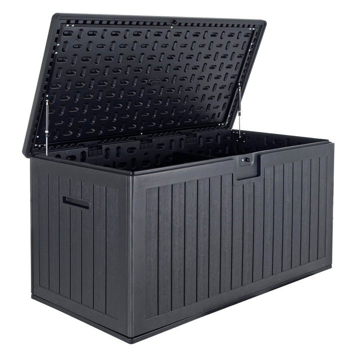 Dark grey deck box with gas assist hinged lid lift lid