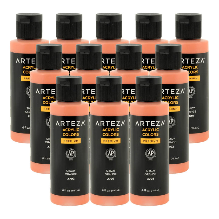 12 bottles of Shady Orange acrylic paint on a white background