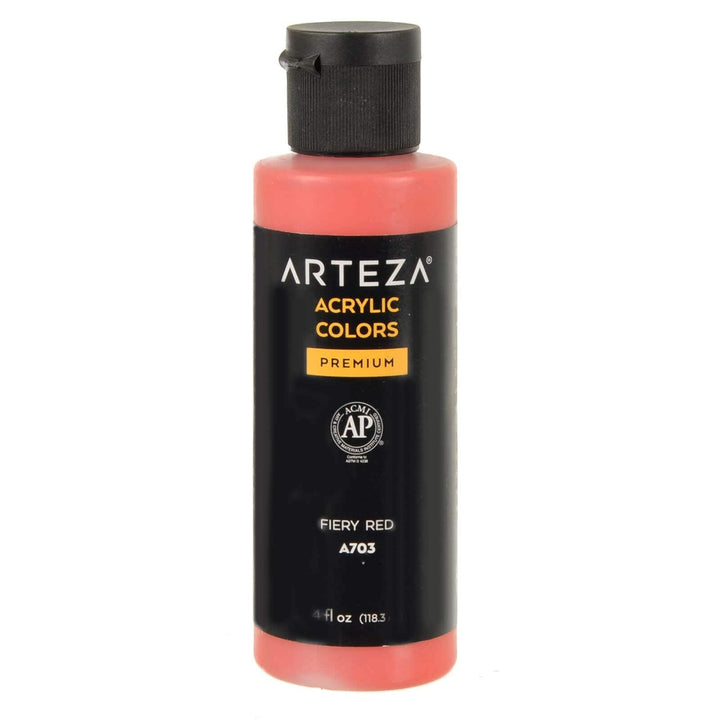 Bottle of A703 fiery red acrylic paint on a white background