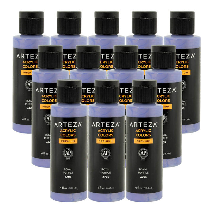 12 bottles of royal purple colour acrylic paint on a white background