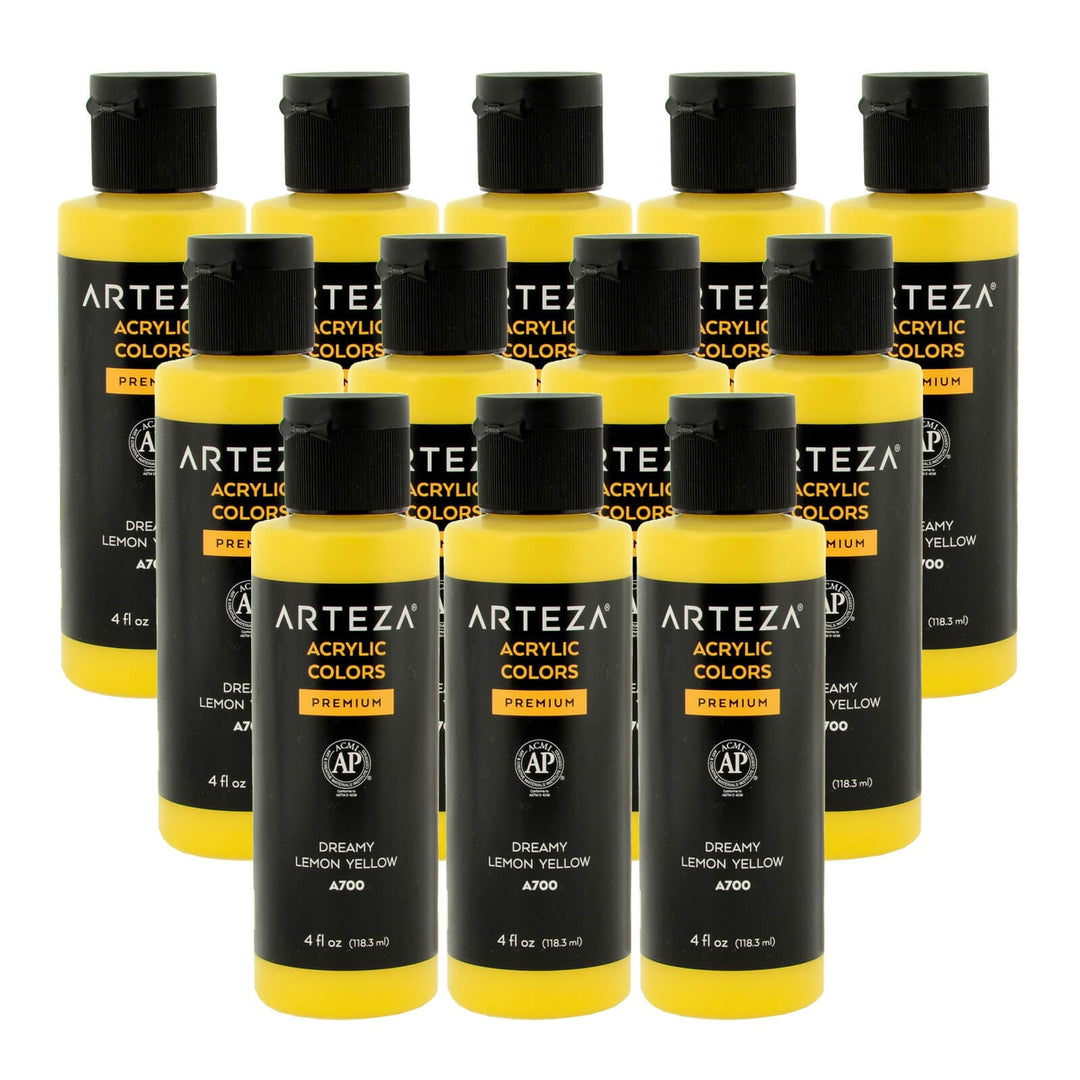 12 bottles of Lemn yellow acrylic paint on a white background