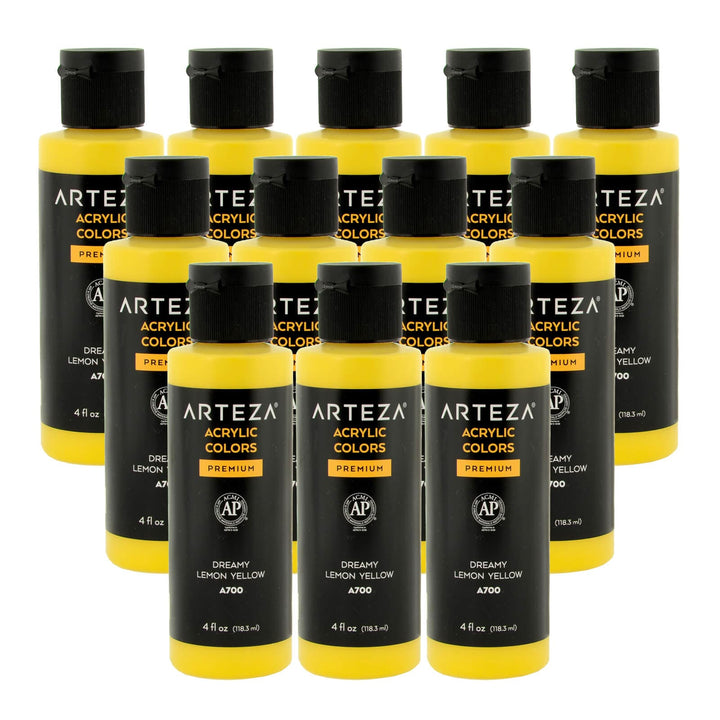 12 bottles of Lemn yellow acrylic paint on a white background