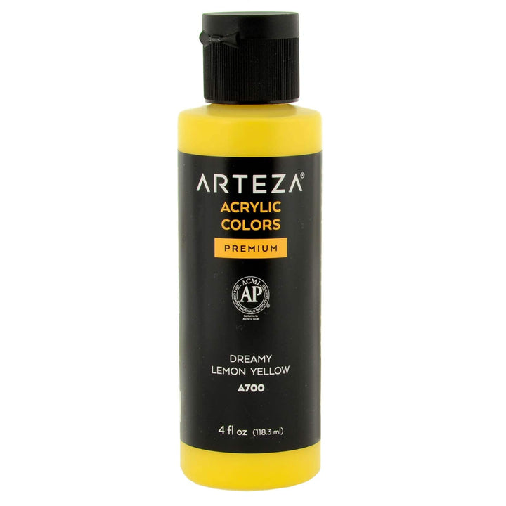Bottle of A700 Dreamy Lemon Yellow acrylic paint on a white background