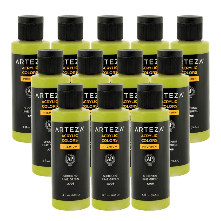 12 bottles of Shocking Lime Green acrylic paint on a white background