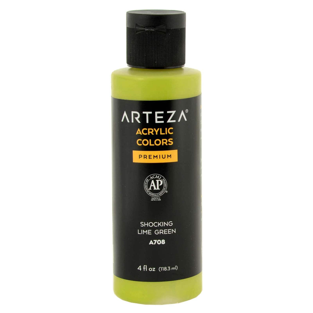 Bottle of Arteza Shocking Lime Green acrylic paint on a white background