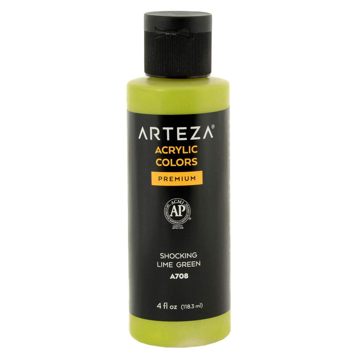 Bottle of Arteza Shocking Lime Green acrylic paint on a white background