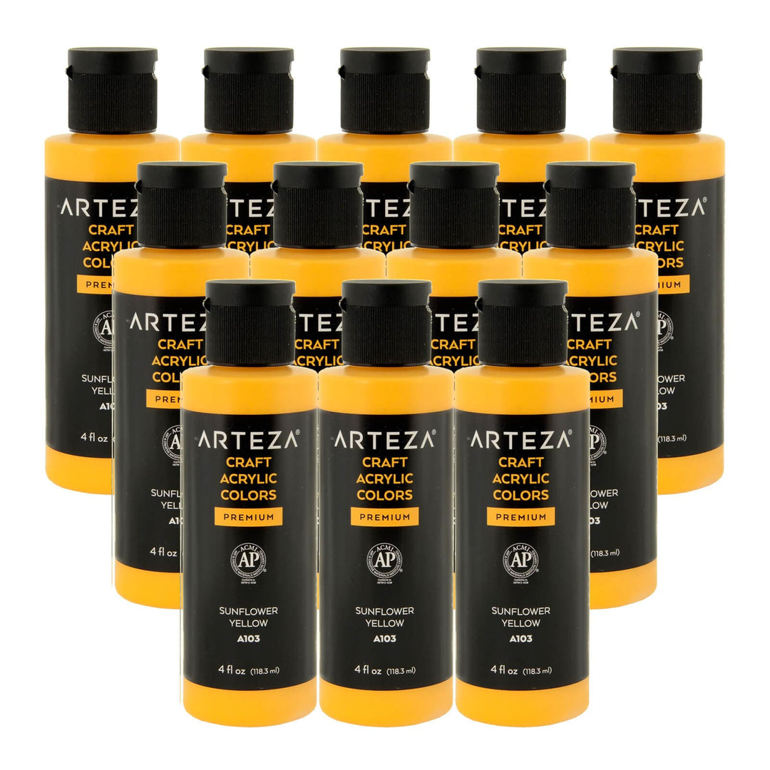 12 bottles of Sunflower Yellow colour acrylic paint on a white background