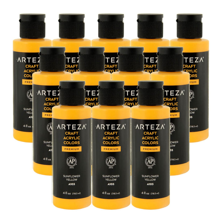 12 bottles of Sunflower Yellow colour acrylic paint on a white background
