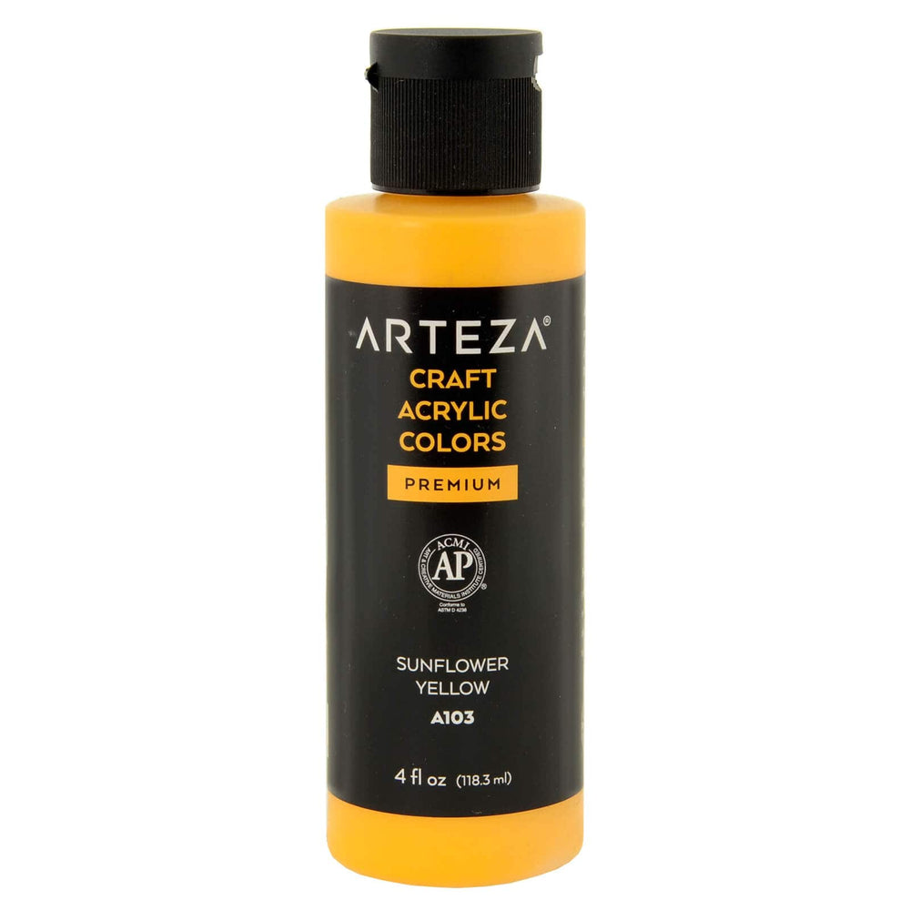 Bottle of Arteza A103 Sunflower Yellow acrylic paint on a white background