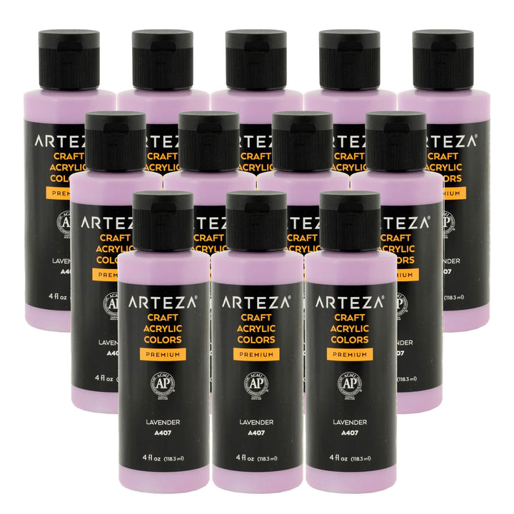 12 bottles of Lavender purple acrylic paint on a white background