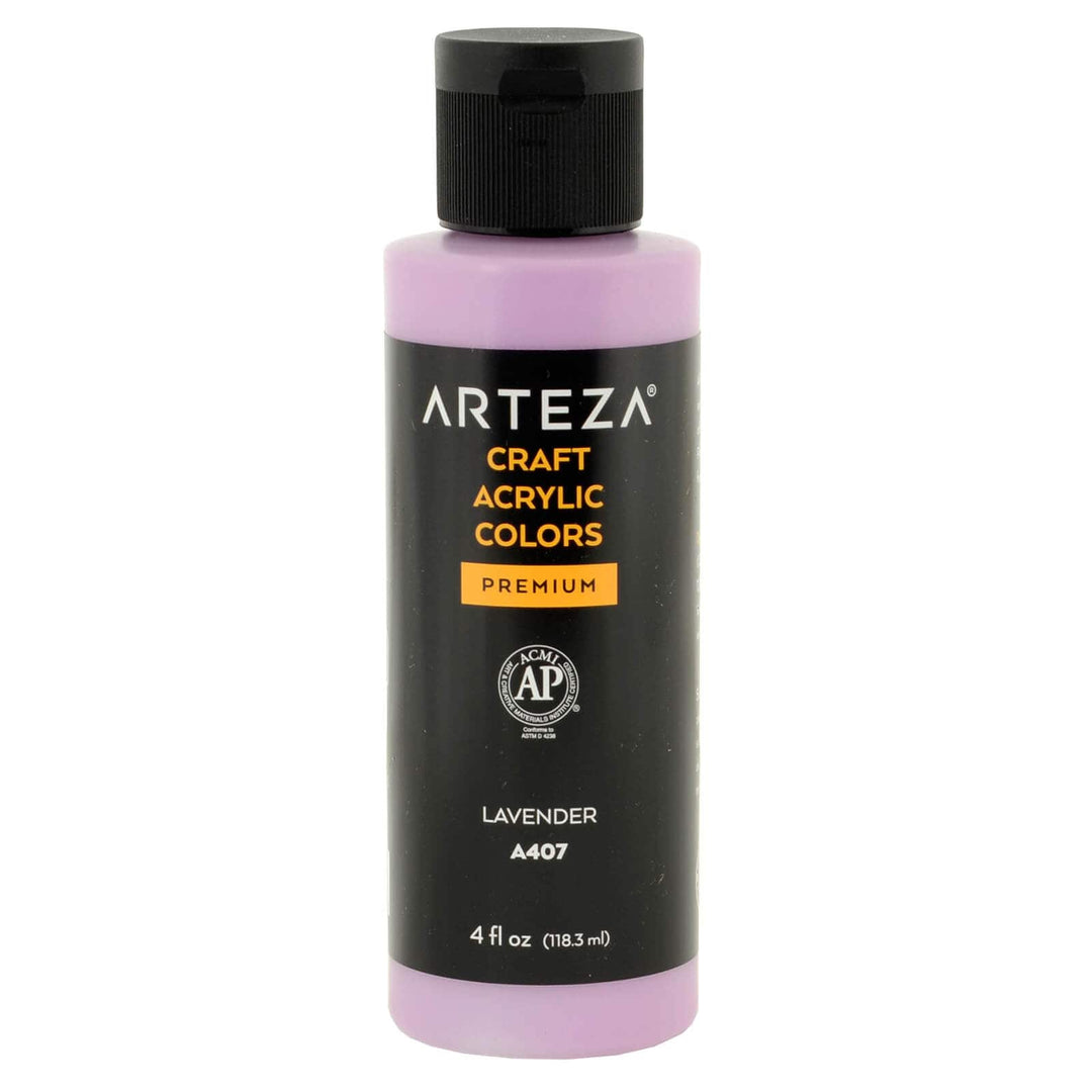 Bottle of Arteza A407 Lavender acrylic paint on a white background