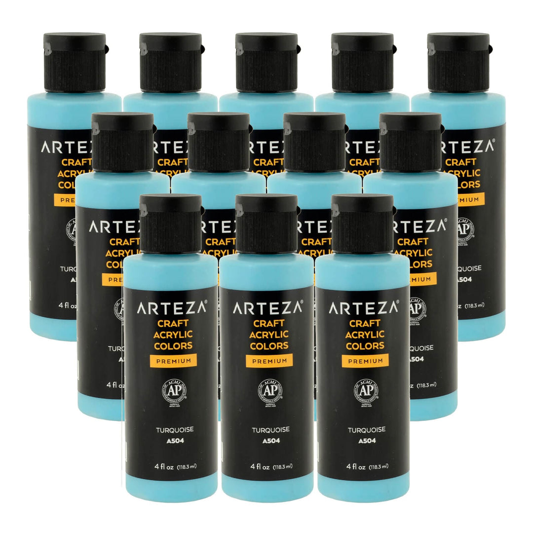 12 bottles of turquoise acrylic paint on a white background