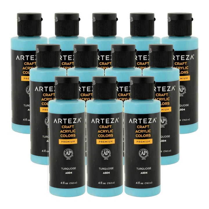 12 bottles of turquoise acrylic paint on a white background
