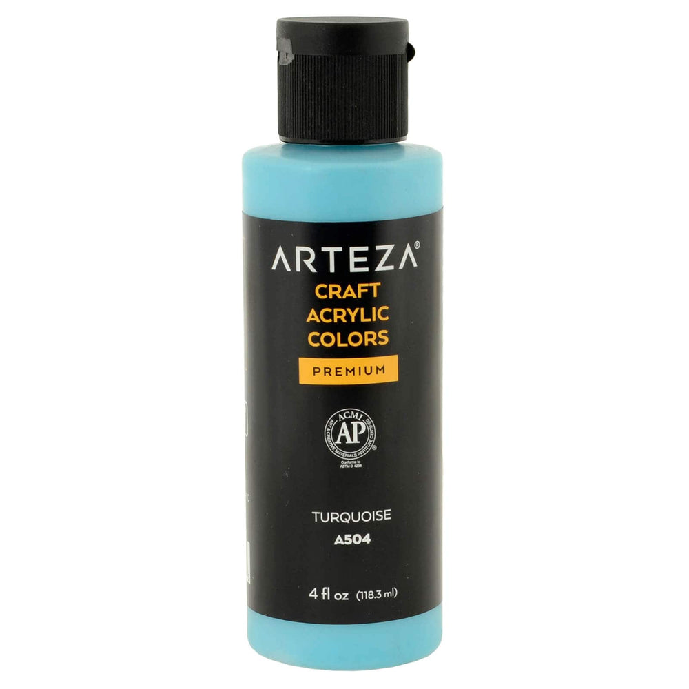 Bottle of Arteza A504 turquoise acrylic paint on a white background