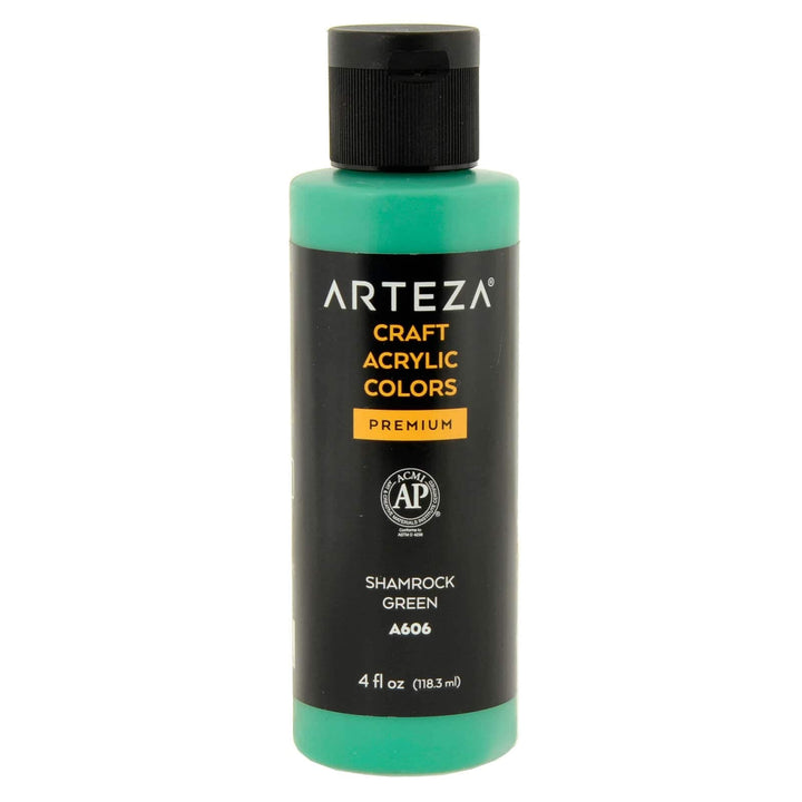bottle of Arteza A606 Shamrock Green acrylic paint on a white background