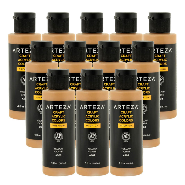 12 bottles of yellow ochre acrylic paint on a white background
