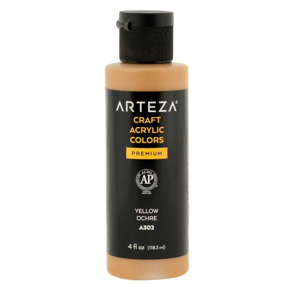 bottle of Arteza A302 yellow ochre acrylic paint on a white background