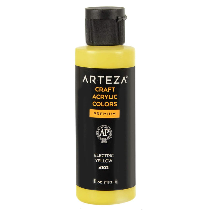 Bottle of Arteza A102 Electric Yellow acrylic paint on a white background